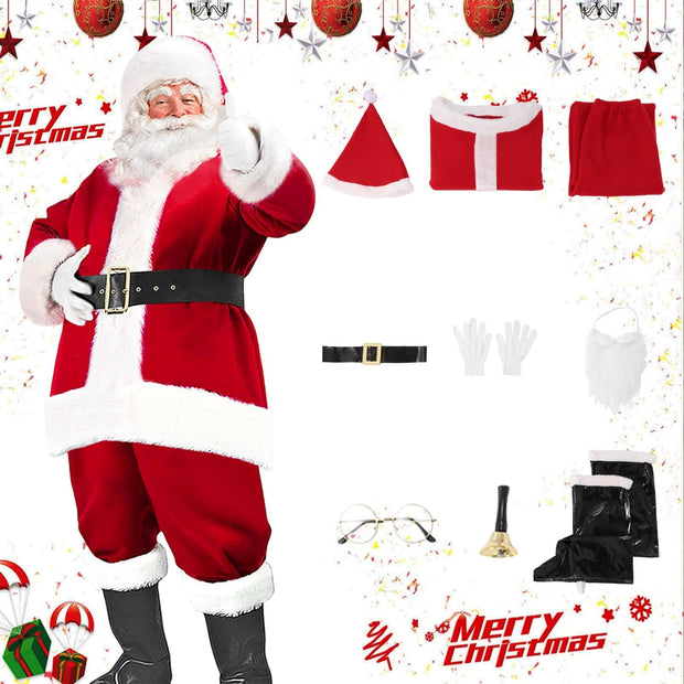 Costume Pere Noel Ensemble,Déguisement père noël Adulte, Pantalon à Bande élastique, Costume de Père Noël Universel de Grande Taille, Ensemble de fête de Noël, Cosplay, 9PC